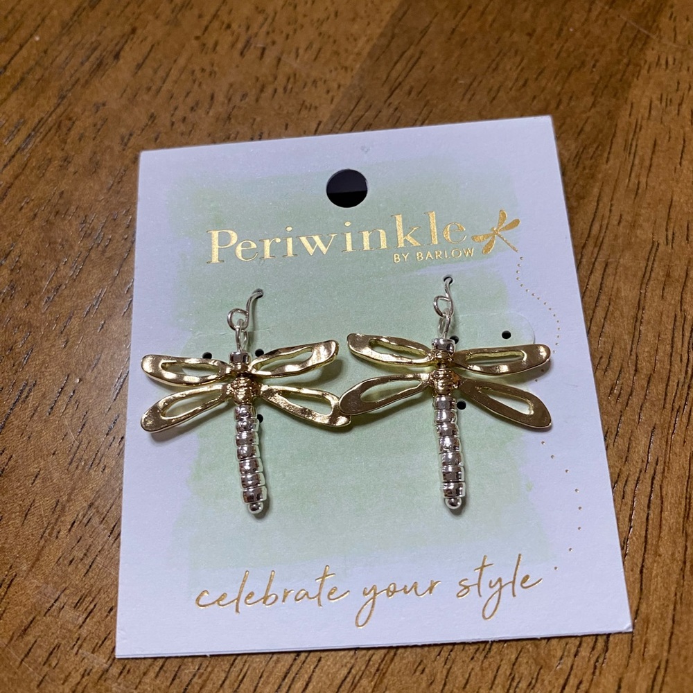 Silver and gold tone dragonfly earrings 2” moving wings - Picture 2 of 2